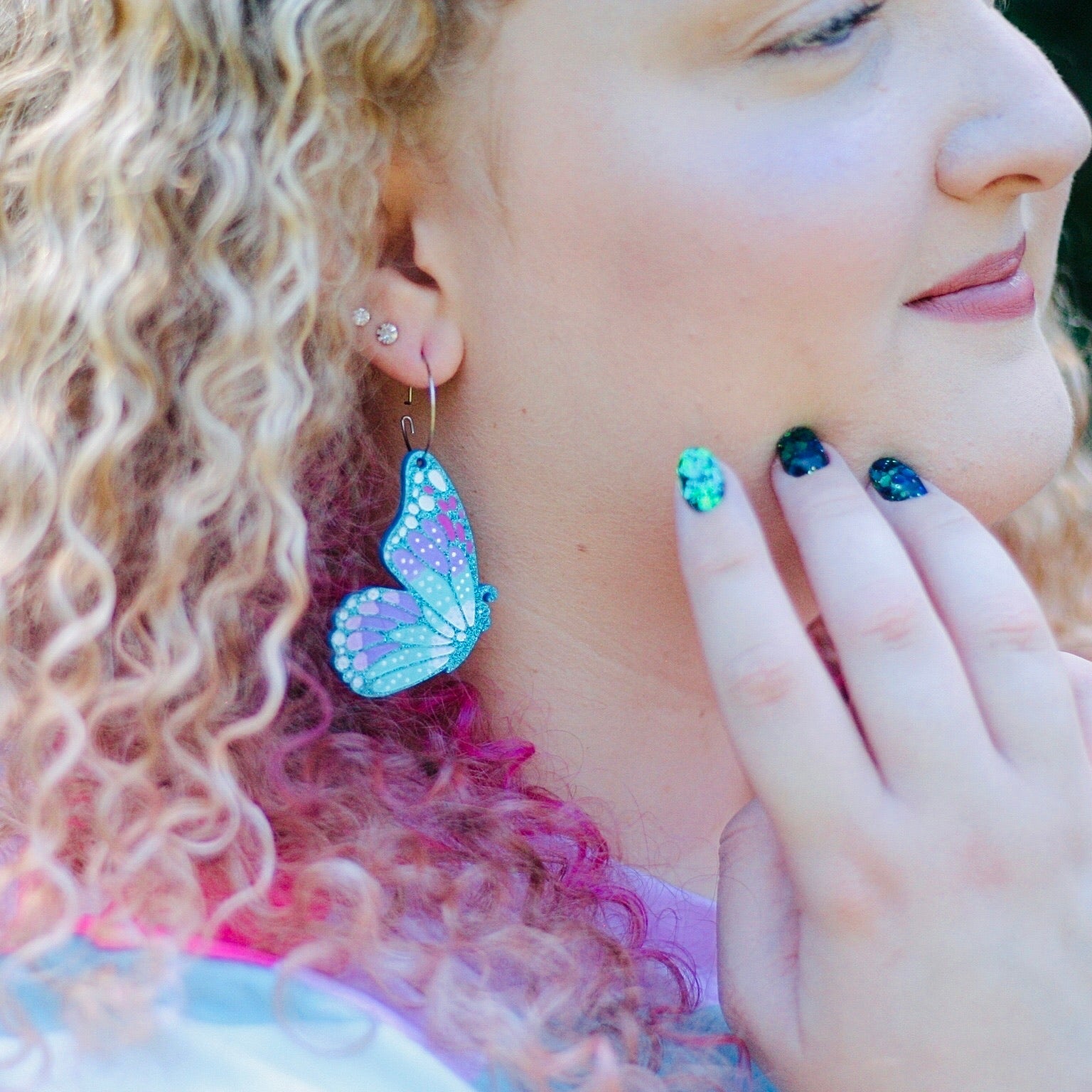 Large Butterfly Hoop Earrings - Silver Glitter Painted Acrylic Earrings - Lacey Lou Sparkles