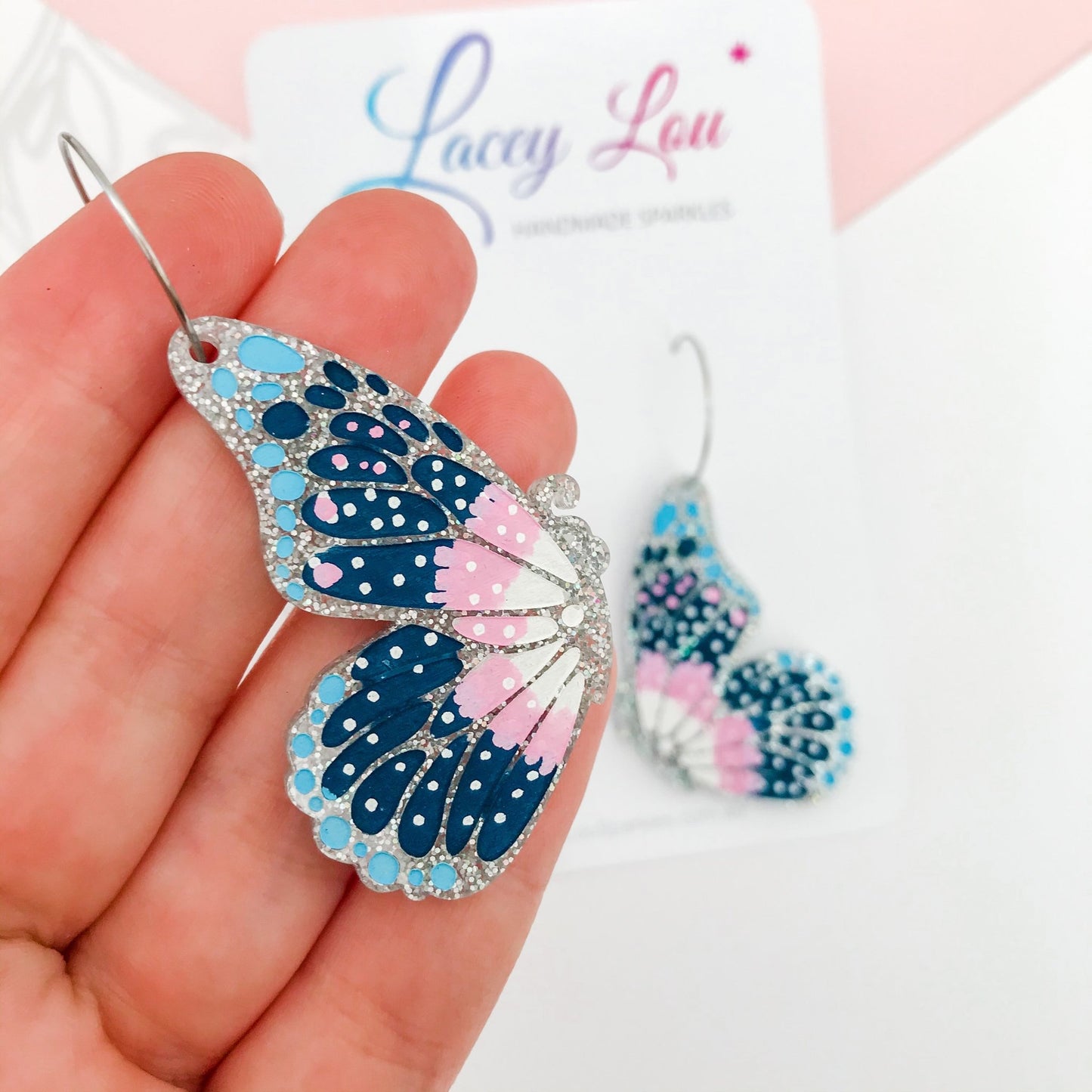 Large Butterfly Hoop Earrings - Silver Glitter Painted Acrylic Earrings - Lacey Lou Sparkles
