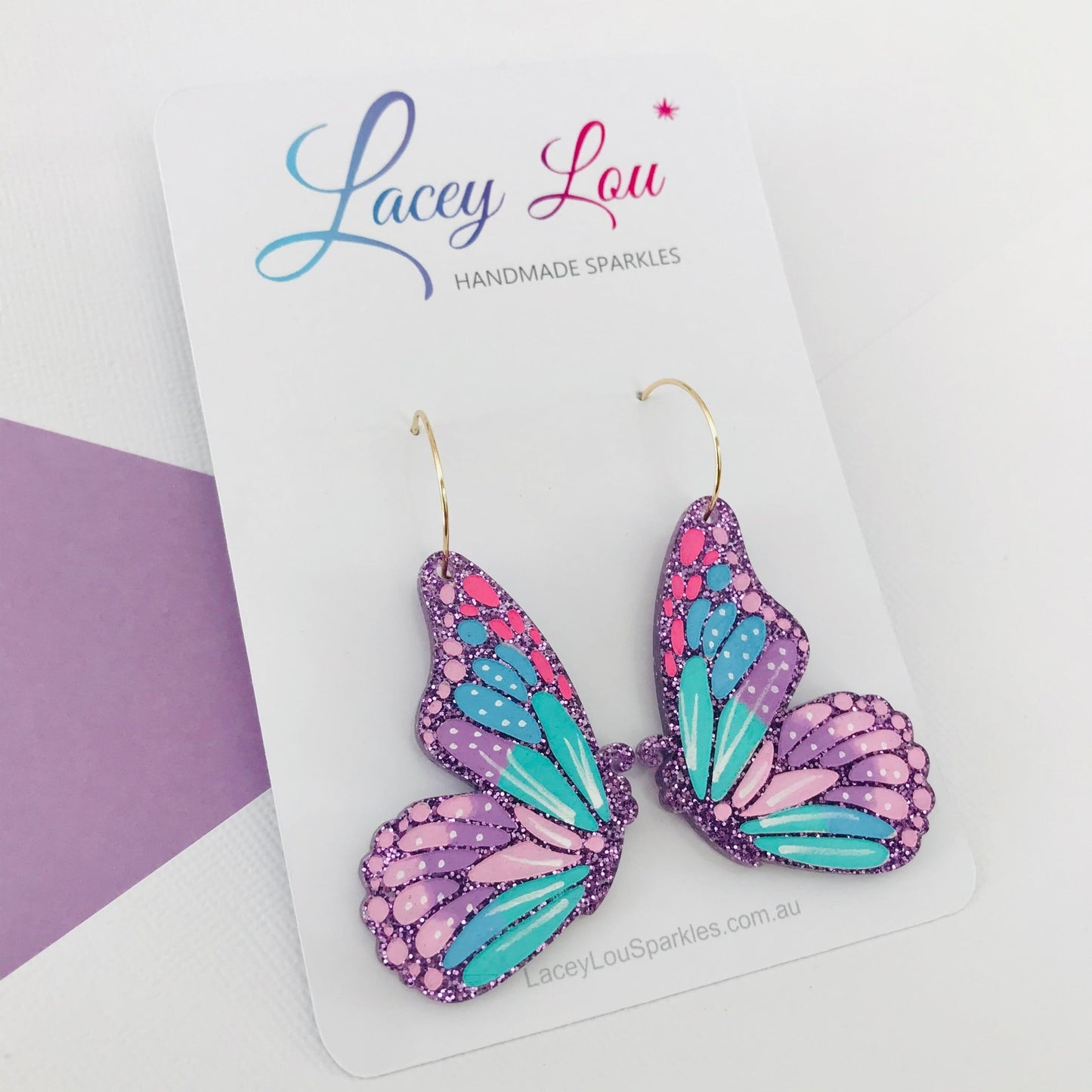 Large Butterfly Hoops - Purple Glitter Painted Acrylic Earrings - Lacey Lou Sparkles