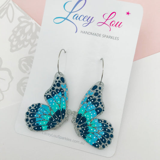 Large Butterfly Hoops - Silver Glitter Painted Acrylic Earrings - Lacey Lou Sparkles