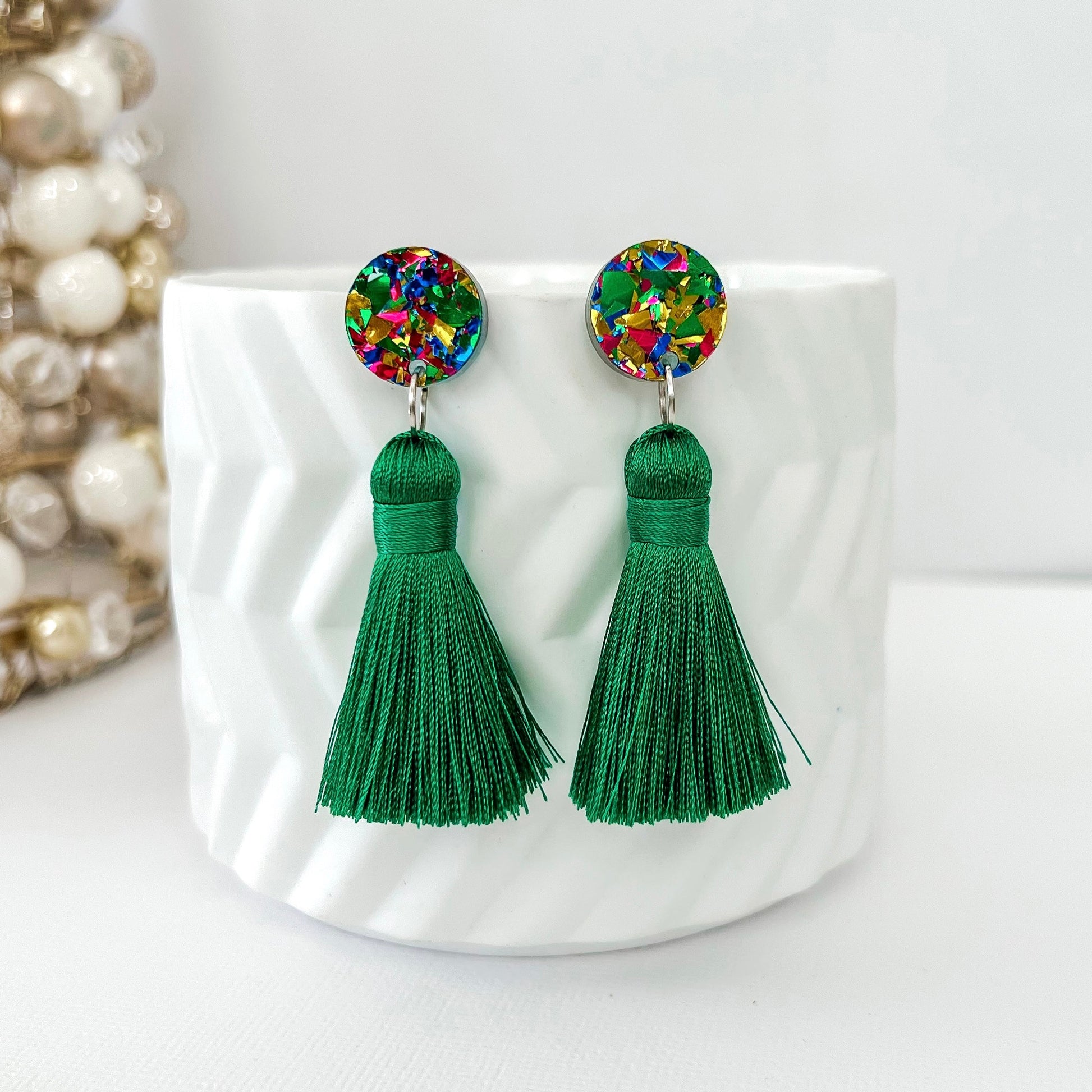 Large Christmas Tassel Earrings - Green - Lacey Lou Sparkles