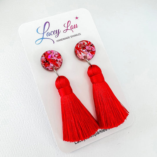 Large Christmas Tassel Earrings - Red - Lacey Lou Sparkles