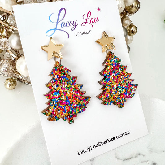 Large Christmas Tree Dangle Earrings - Confetti Glitter - Lacey Lou Sparkles