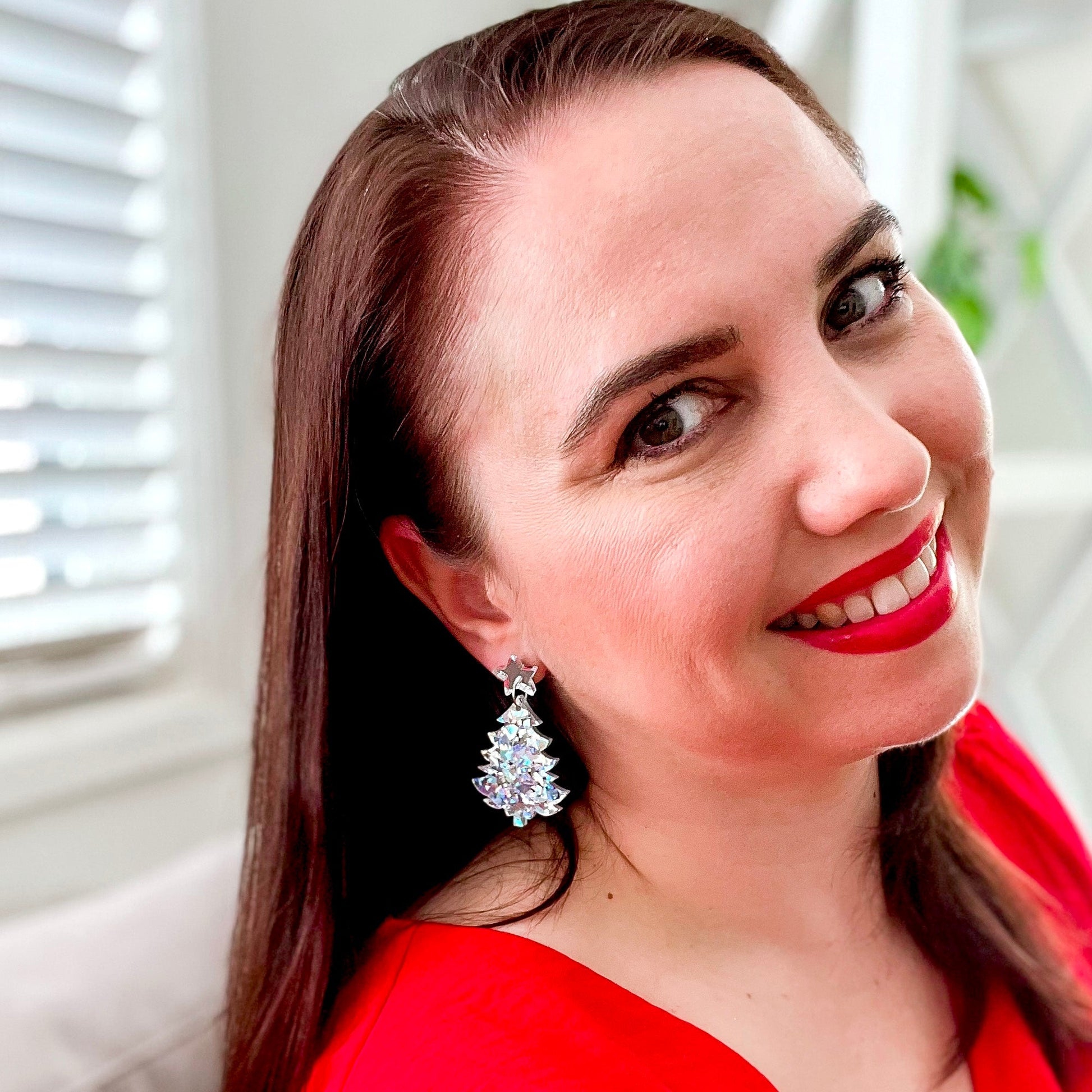 Large Christmas Tree Dangle Earrings - Confetti Glitter - Lacey Lou Sparkles