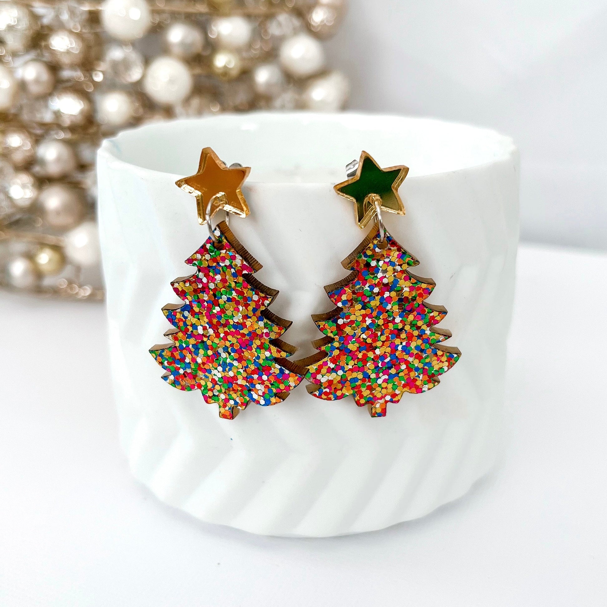 Large Christmas Tree Dangle Earrings - Confetti Glitter - Lacey Lou Sparkles