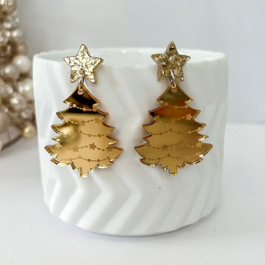 Large Christmas Tree Dangle Earrings - Etched Gold Mirror - Lacey Lou Sparkles