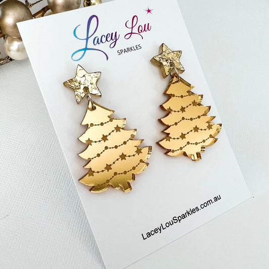 Large Christmas Tree Dangle Earrings - Etched Gold Mirror - Lacey Lou Sparkles