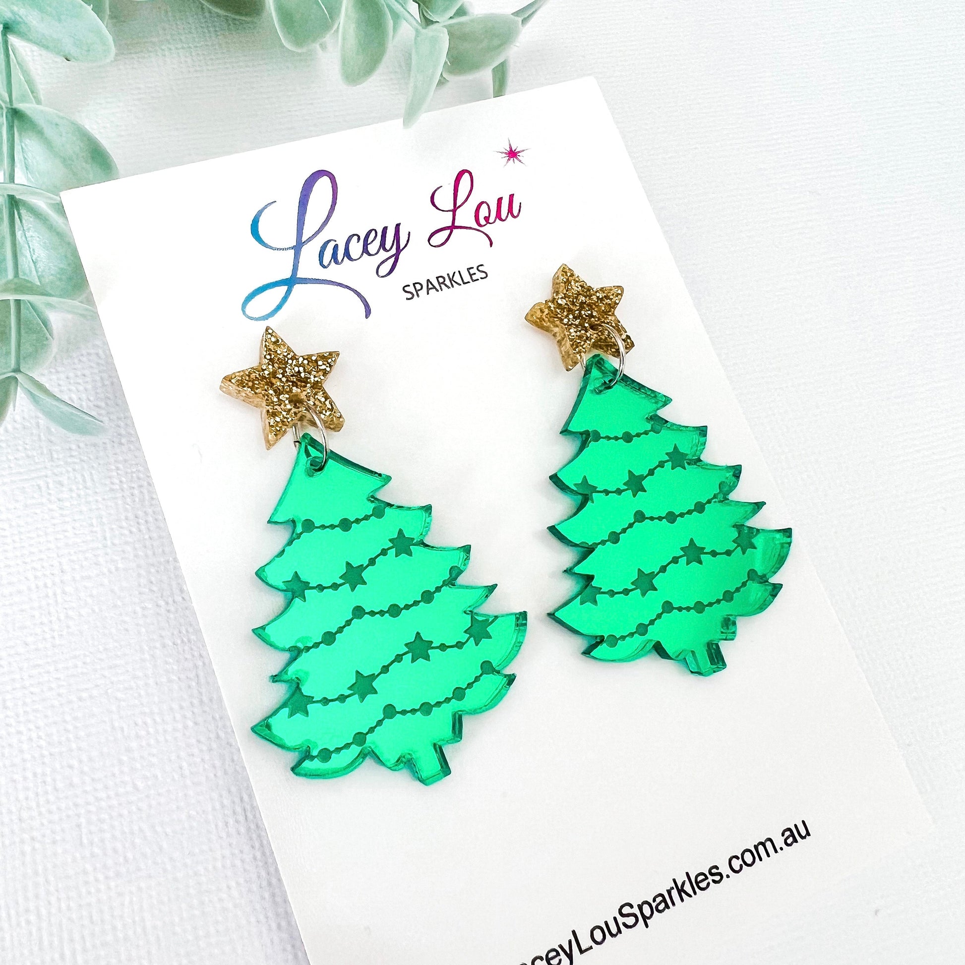 Large Christmas Tree Dangle Earrings - Etched Green Mirror - Lacey Lou Sparkles