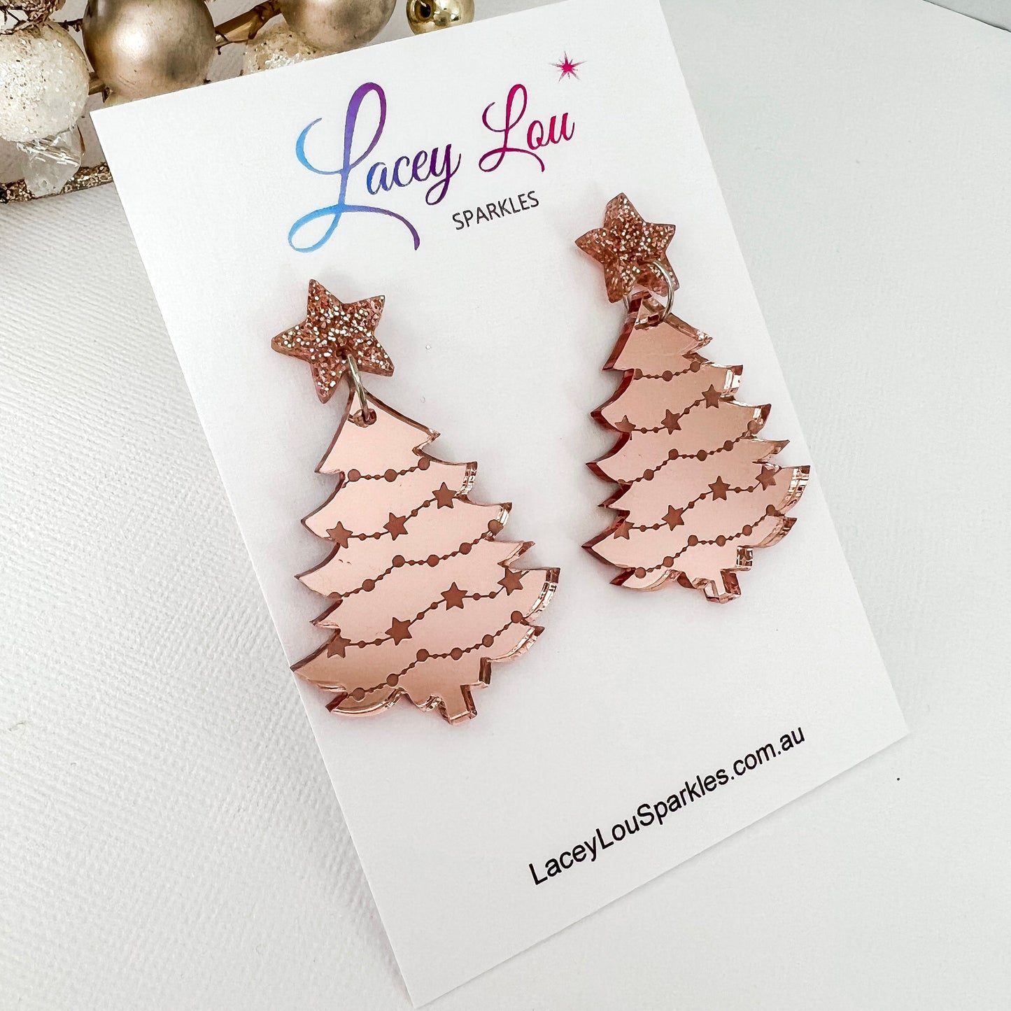 Large Christmas Tree Dangle Earrings - Etched Rose Gold Mirror - Lacey Lou Sparkles