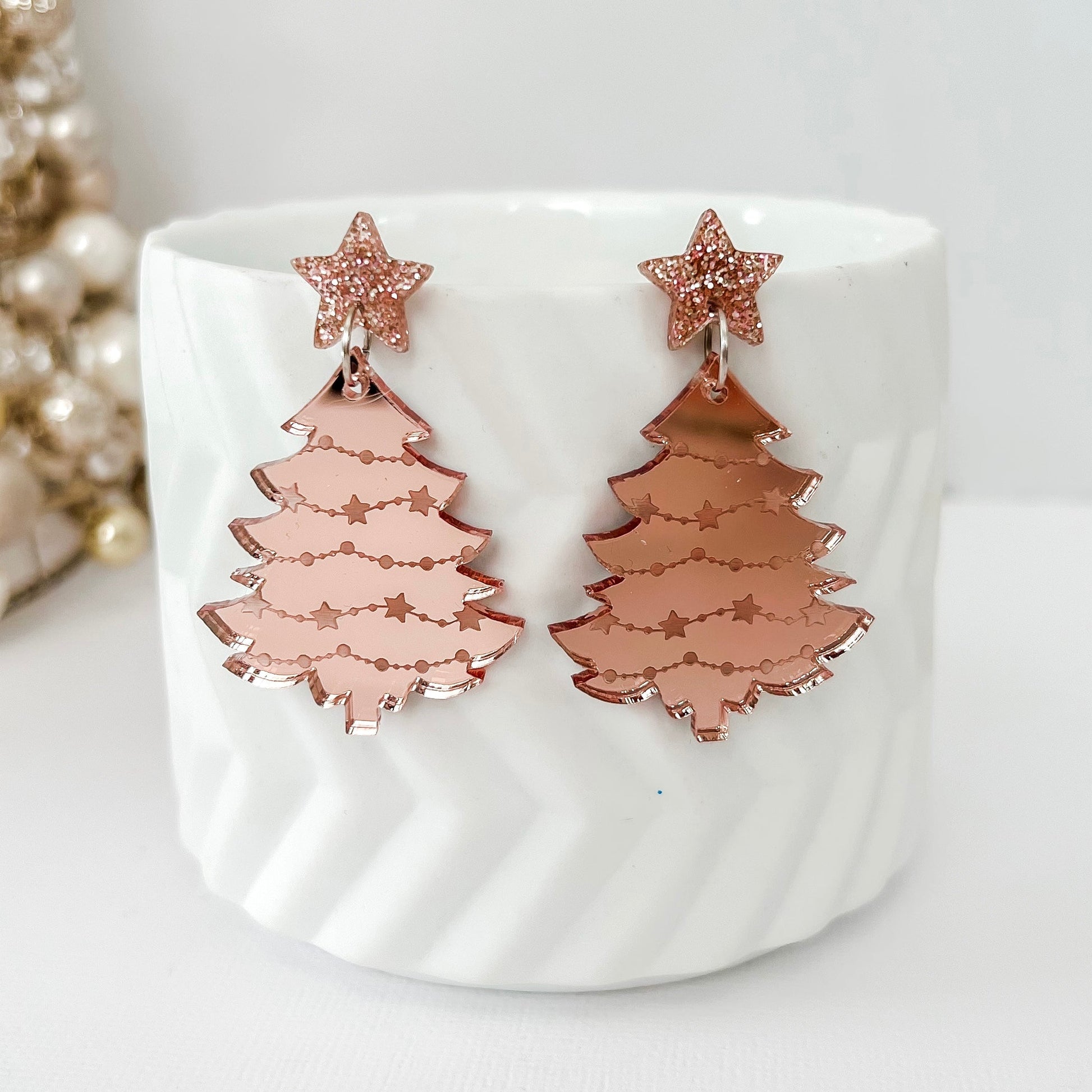 Large Christmas Tree Dangle Earrings - Etched Rose Gold Mirror - Lacey Lou Sparkles