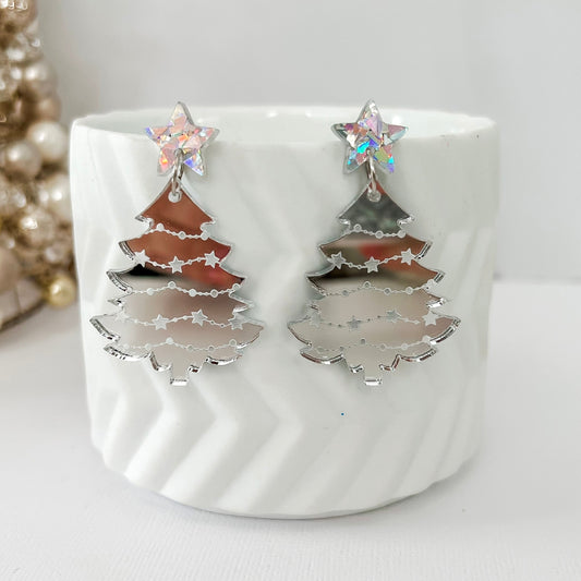 Large Christmas Tree Dangle Earrings - Etched Silver Mirror - Lacey Lou Sparkles