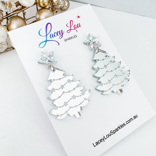 Large Christmas Tree Dangle Earrings - Etched Silver Mirror - Lacey Lou Sparkles