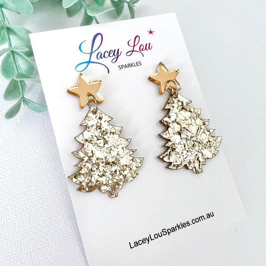 Large Christmas Tree Dangle Earrings - Gold Chunky Glitter - Lacey Lou Sparkles