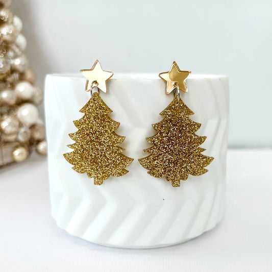 Large Christmas Tree Dangle Earrings - Gold Fine Glitter - Lacey Lou Sparkles