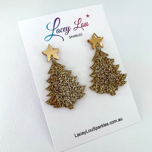 Large Christmas Tree Dangle Earrings - Gold Fine Glitter - Lacey Lou Sparkles