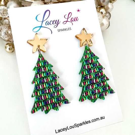 Large Christmas Tree Dangle Earrings - Green Lights - Lacey Lou Sparkles