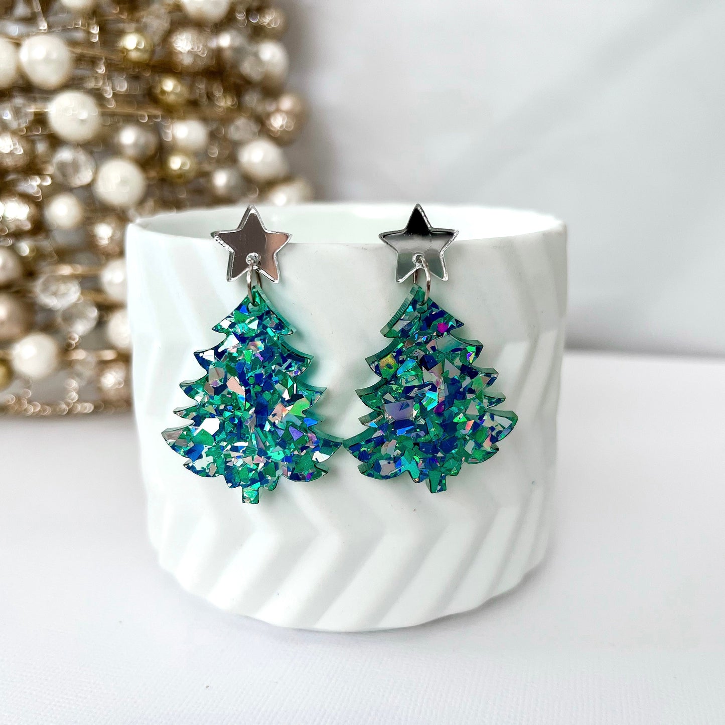 Large Christmas Tree Dangle Earrings - Ice Blue Glitter - Lacey Lou Sparkles