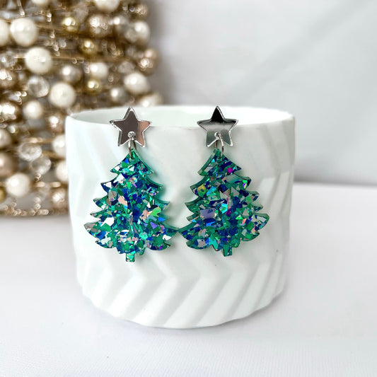 Large Christmas Tree Dangle Earrings - Ice Blue Glitter - Lacey Lou Sparkles