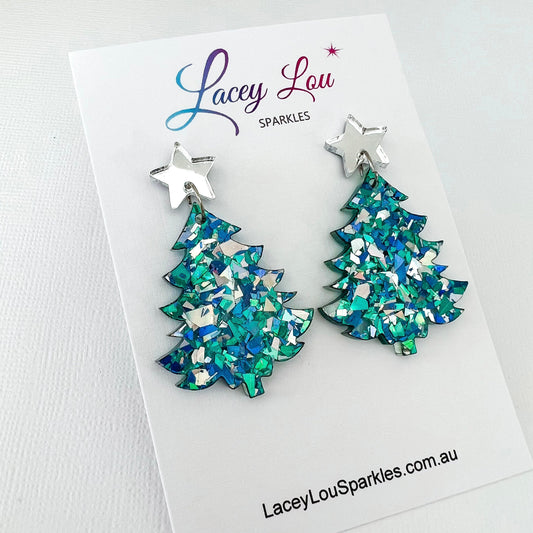 Large Christmas Tree Dangle Earrings - Ice Blue Glitter - Lacey Lou Sparkles