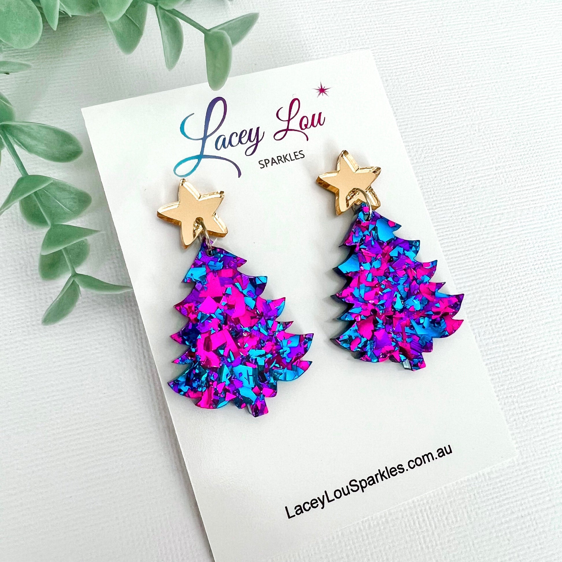 Large Christmas Tree Dangle Earrings - Midnight Blue Glitter - Lacey Lou Sparkles