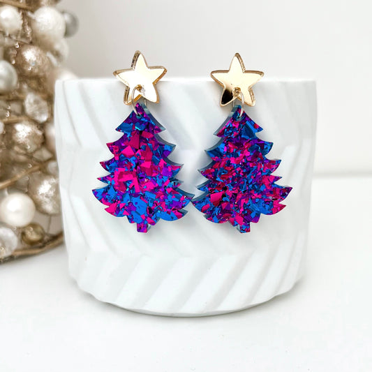 Large Christmas Tree Dangle Earrings - Midnight Blue Glitter - Lacey Lou Sparkles