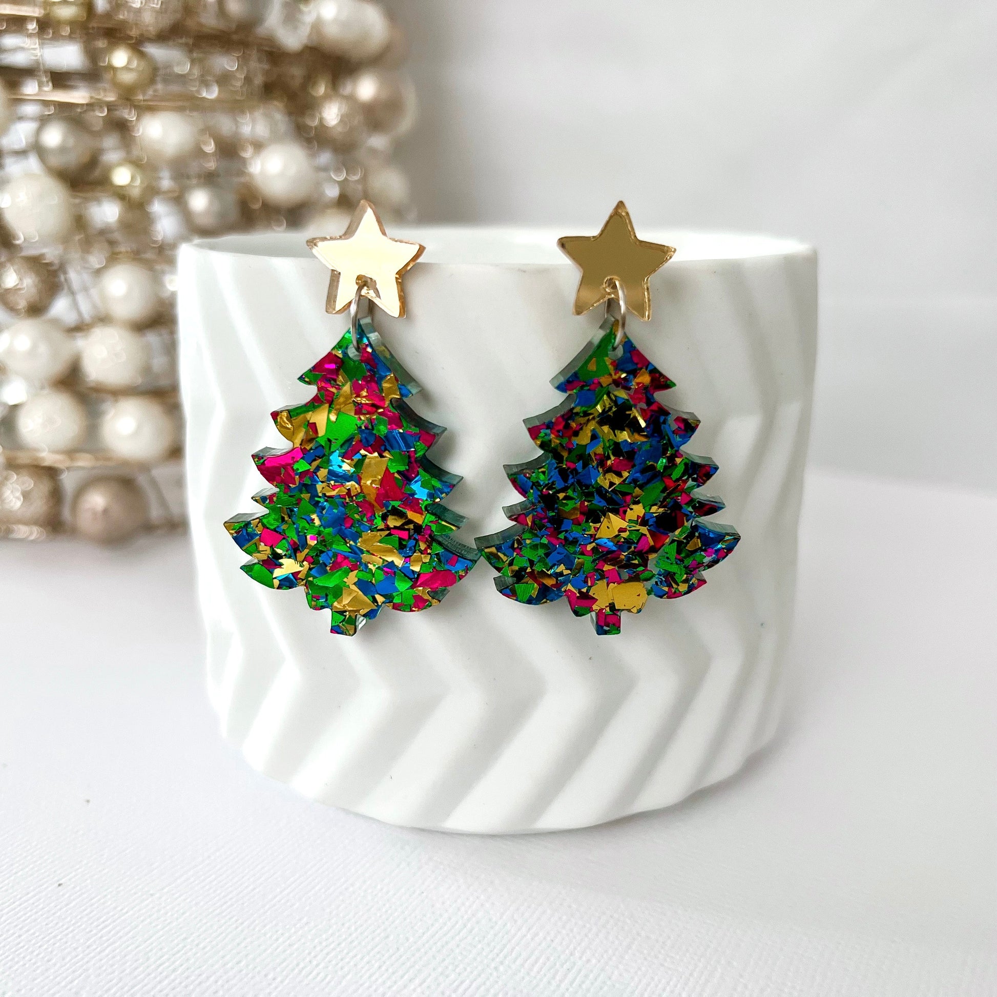 Large Christmas Tree Dangle Earrings - Party Green Glitter - Lacey Lou Sparkles