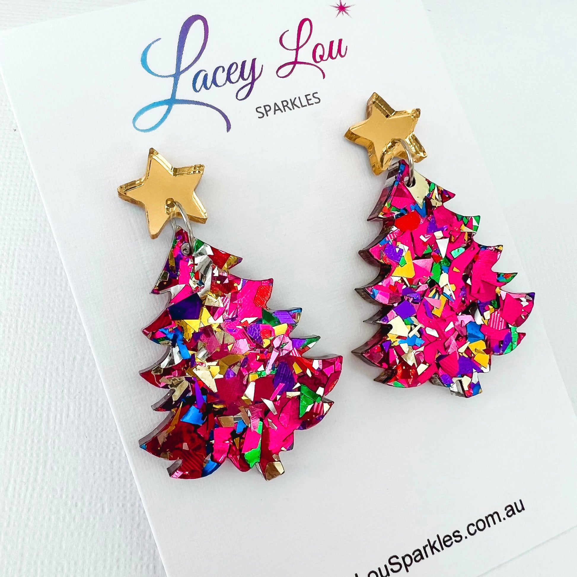 Large Christmas Tree Dangle Earrings - Rainbow Glitter - Lacey Lou Sparkles