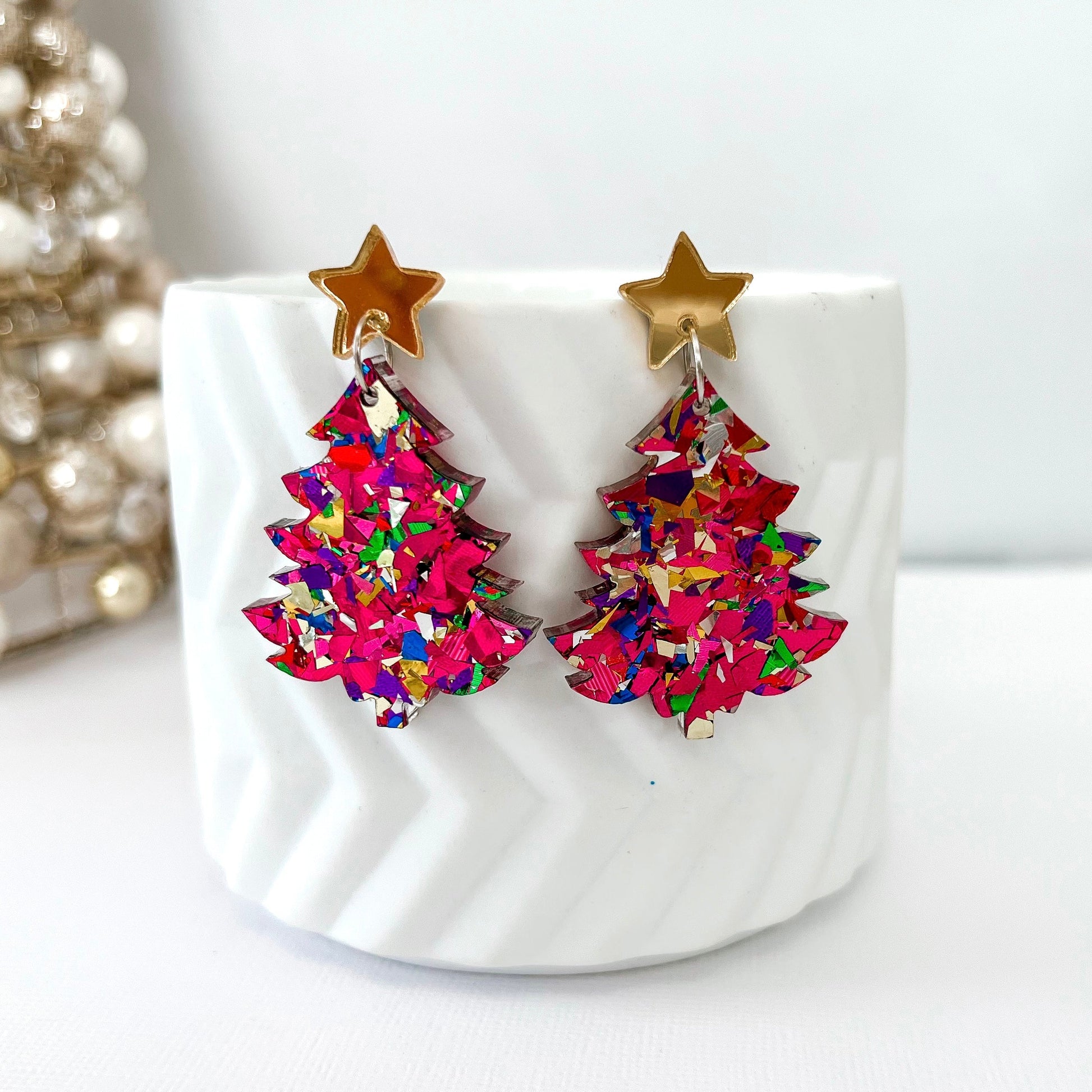 Large Christmas Tree Dangle Earrings - Rainbow Glitter - Lacey Lou Sparkles