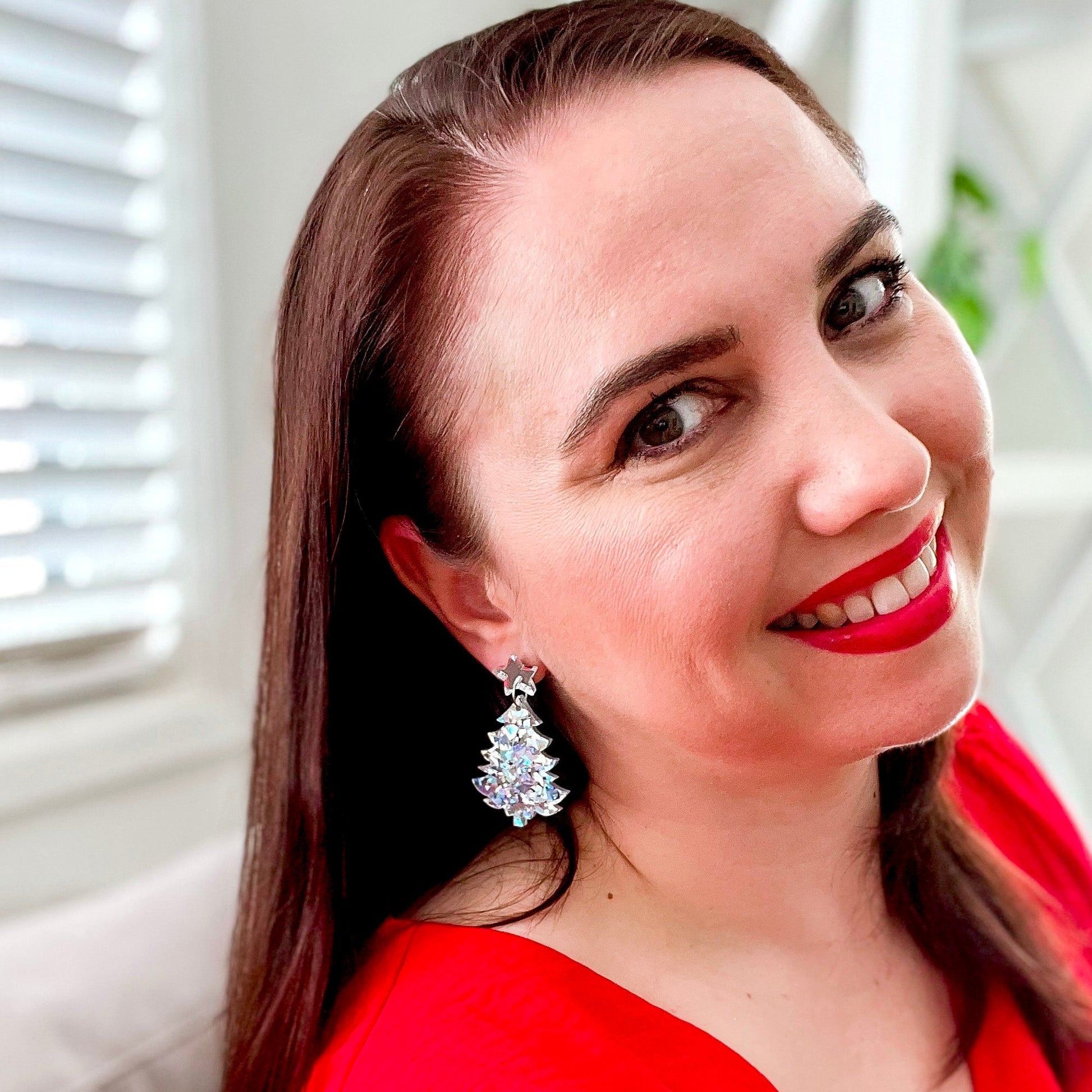 Large Christmas Tree Dangle Earrings - Red & White Glitter - Lacey Lou Sparkles