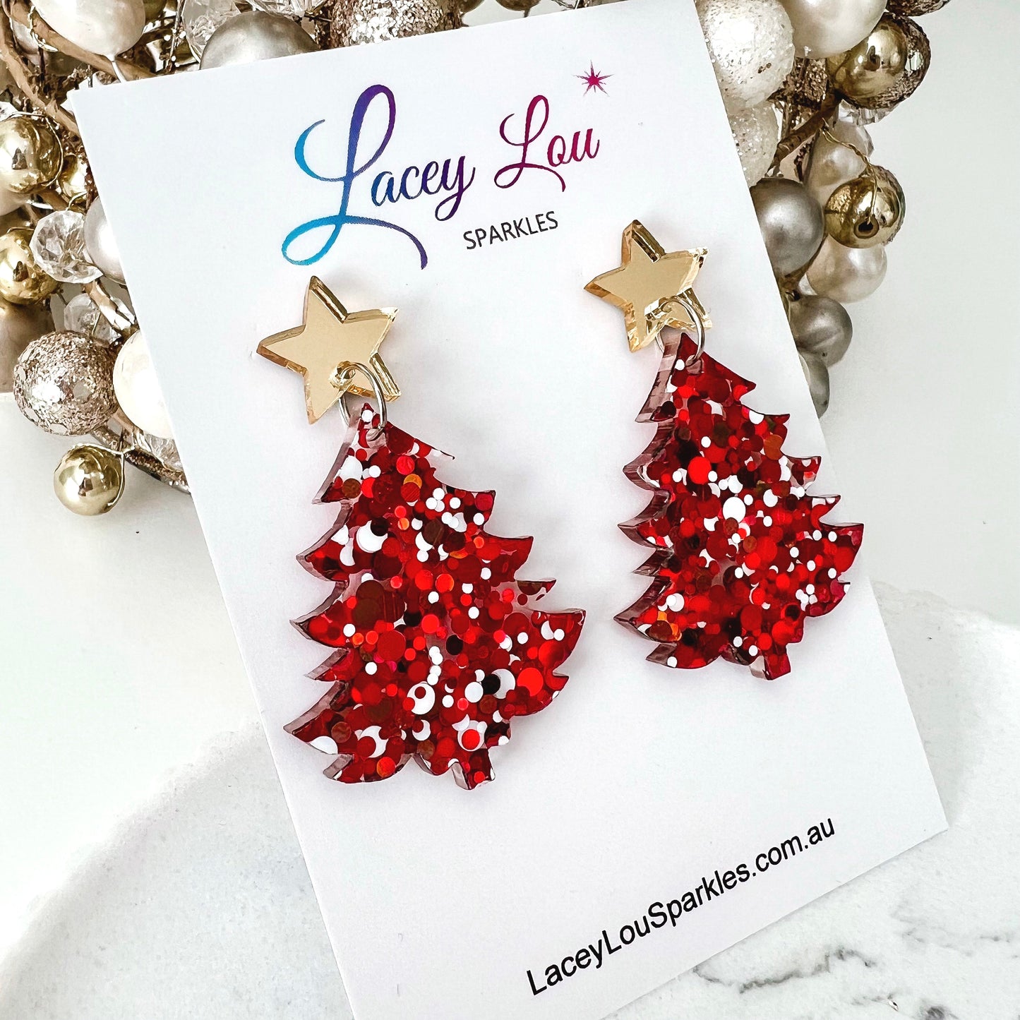 Large Christmas Tree Dangle Earrings - Red & White Glitter - Lacey Lou Sparkles