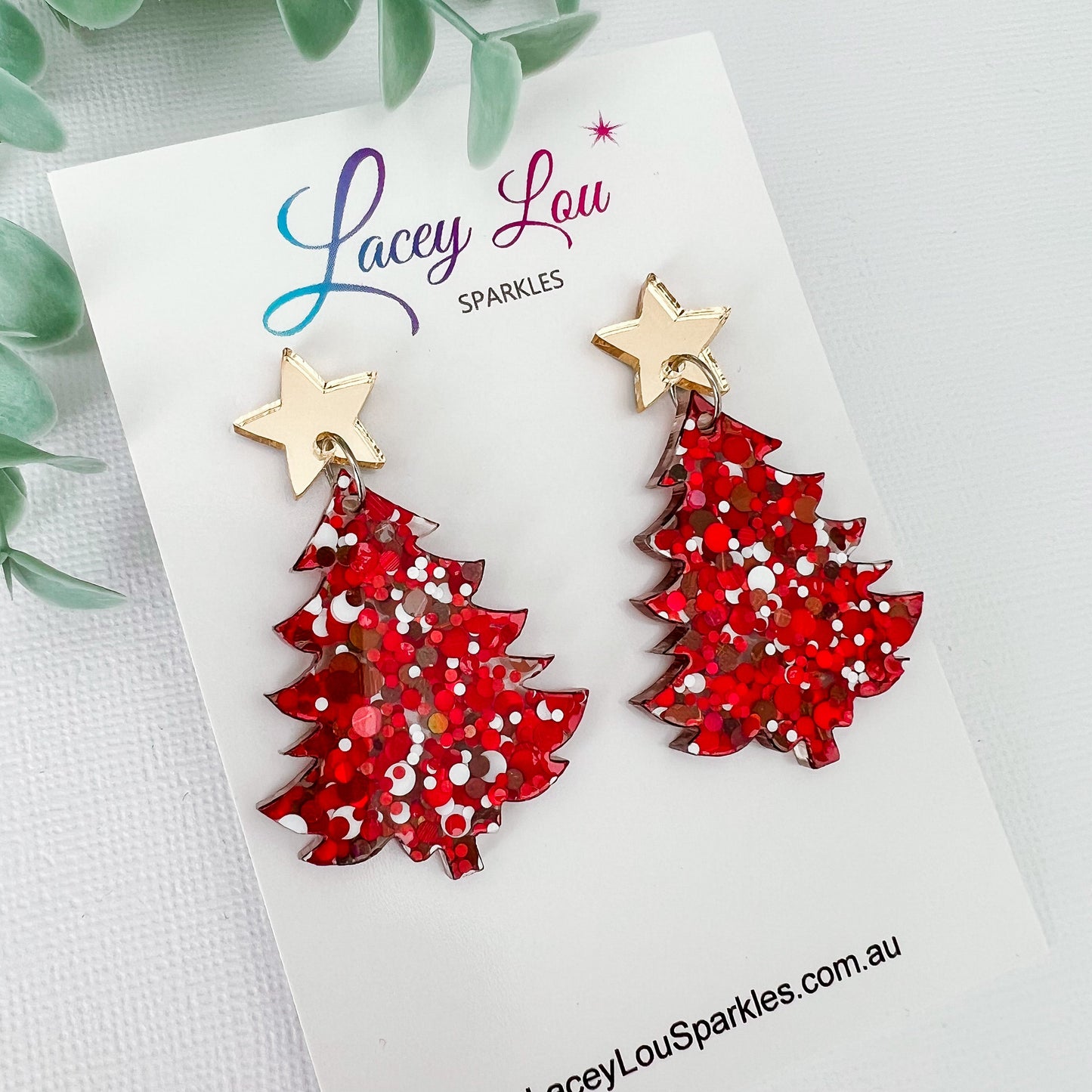 Large Christmas Tree Dangle Earrings - Red & White Glitter - Lacey Lou Sparkles