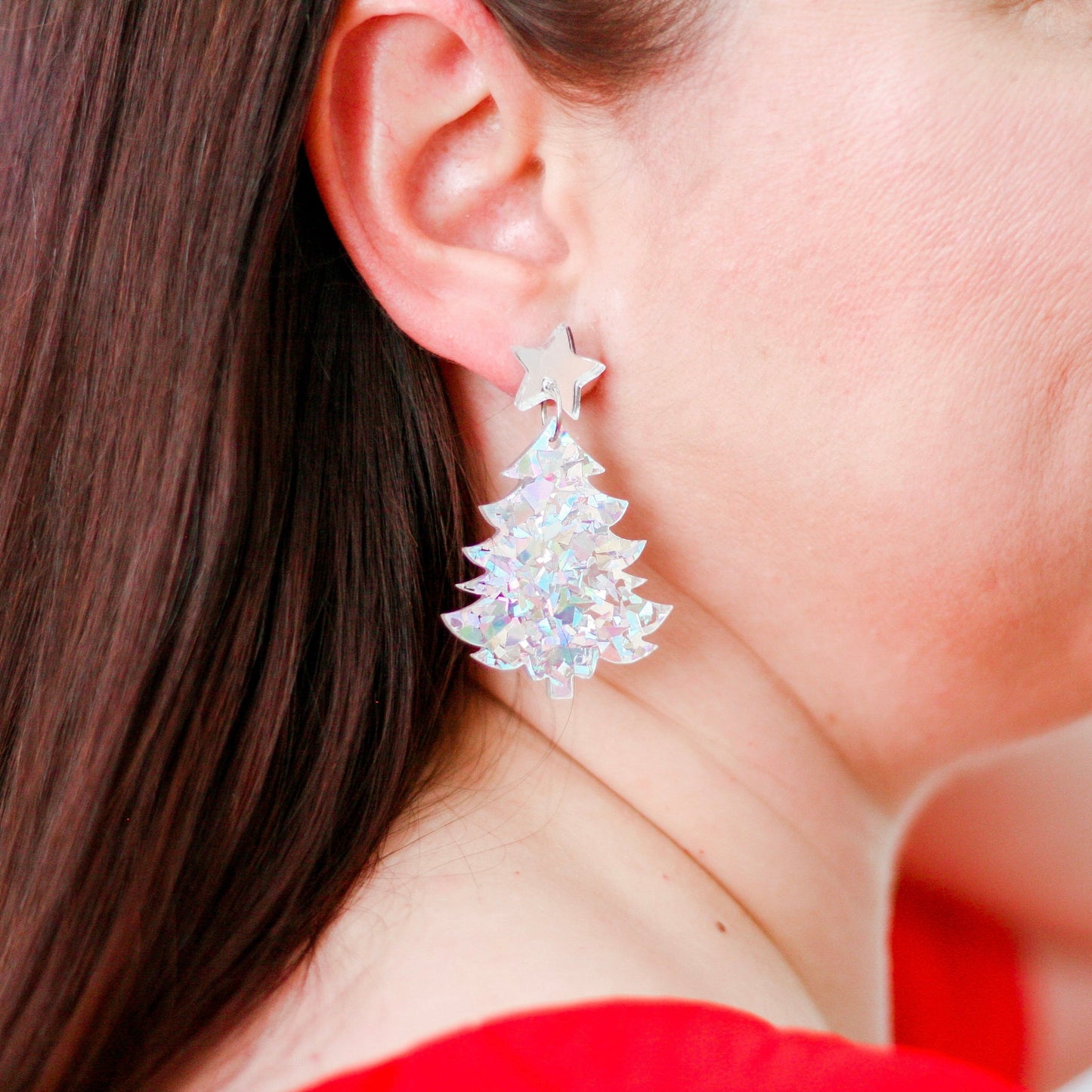 Large Christmas Tree Dangle Earrings - Red & White Glitter - Lacey Lou Sparkles