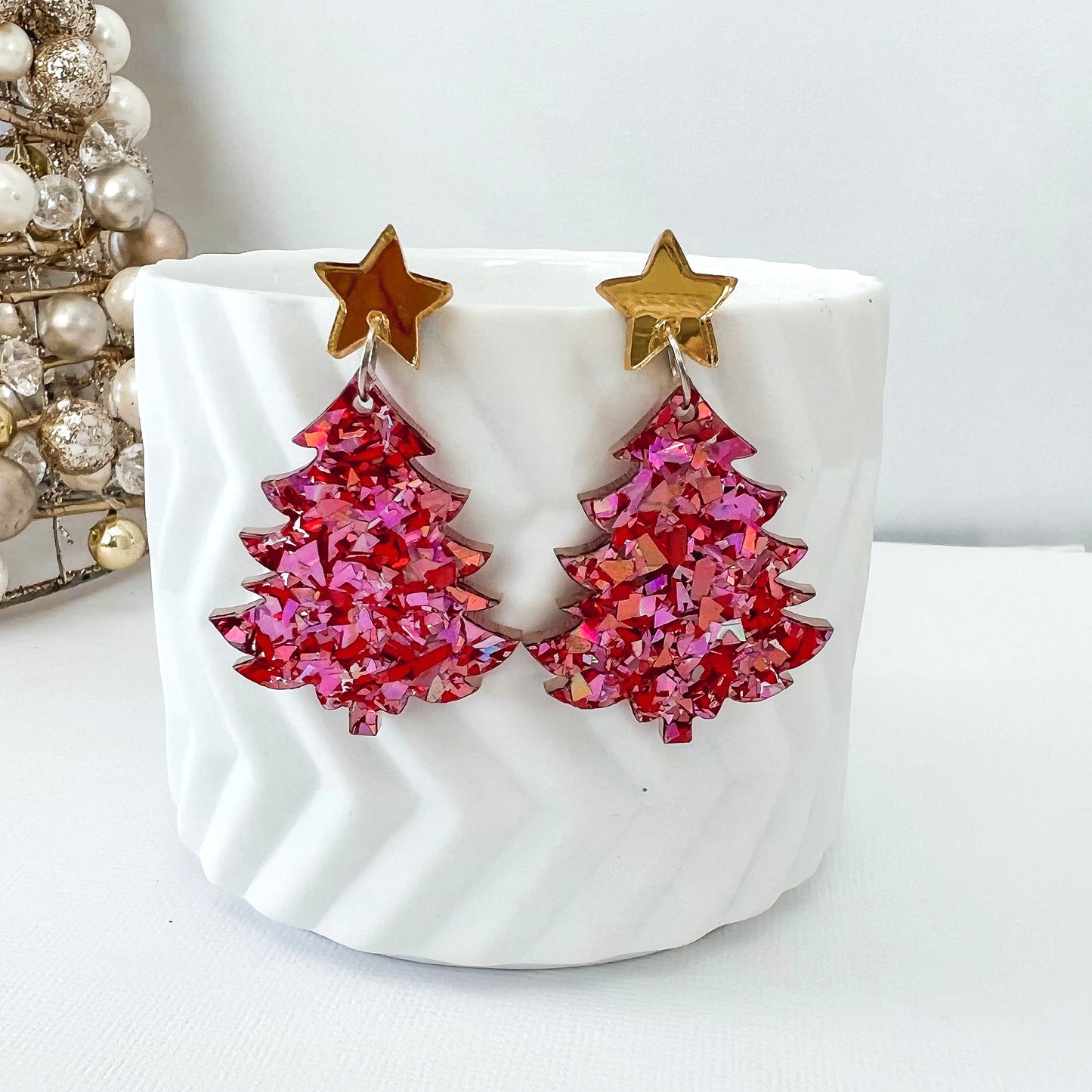 Large Christmas Tree Dangle Earrings - Rose Glitter - Lacey Lou Sparkles