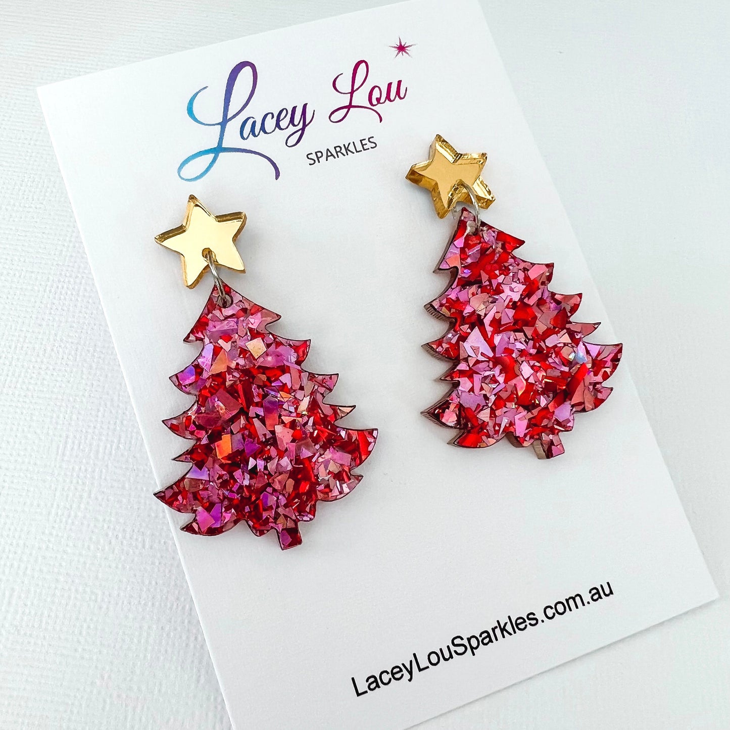 Large Christmas Tree Dangle Earrings - Rose Glitter - Lacey Lou Sparkles