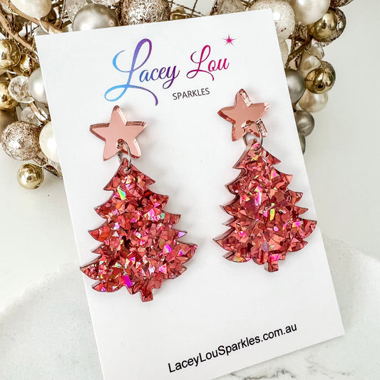 Large Christmas Tree Dangle Earrings - Rose Gold Chunky Glitter - Lacey Lou Sparkles