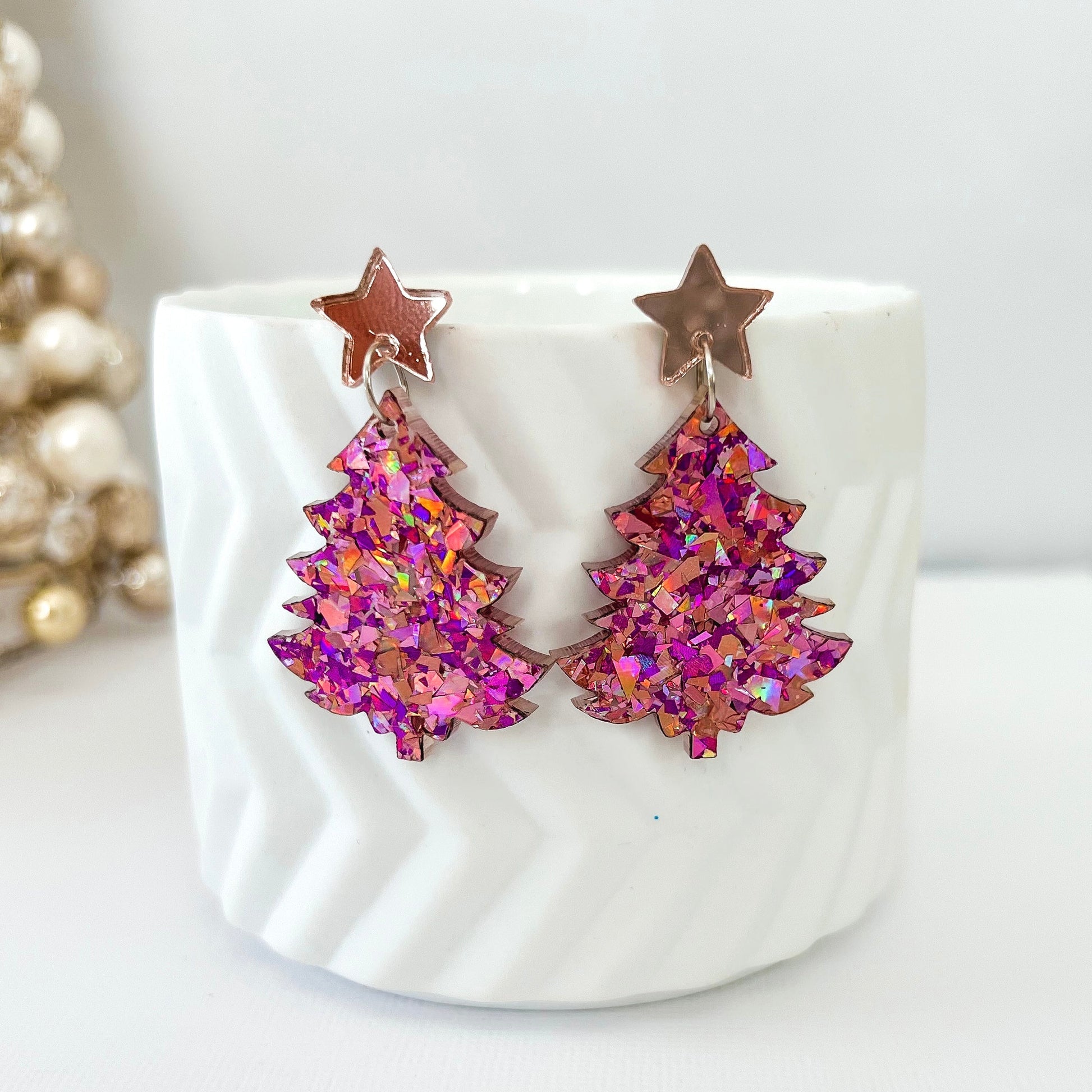 Large Christmas Tree Dangle Earrings - Unicorn Pink Glitter - Lacey Lou Sparkles