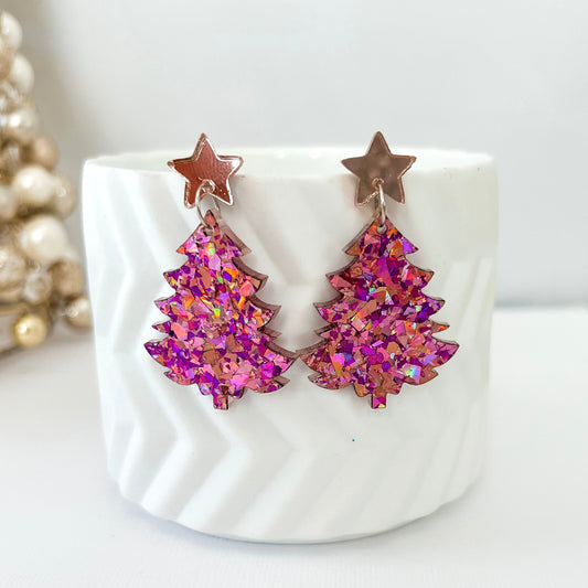 Large Christmas Tree Dangle Earrings - Unicorn Pink Glitter - Lacey Lou Sparkles