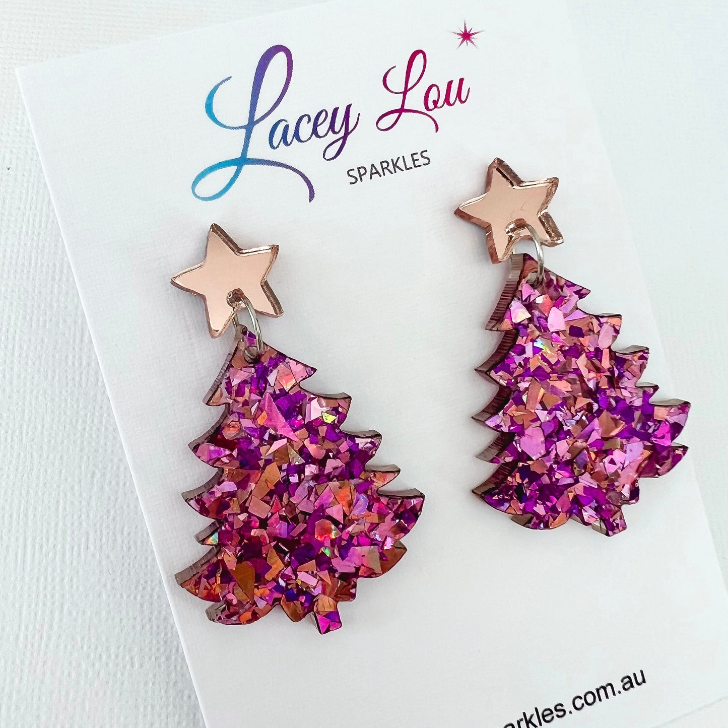 Large Christmas Tree Dangle Earrings - Unicorn Pink Glitter - Lacey Lou Sparkles