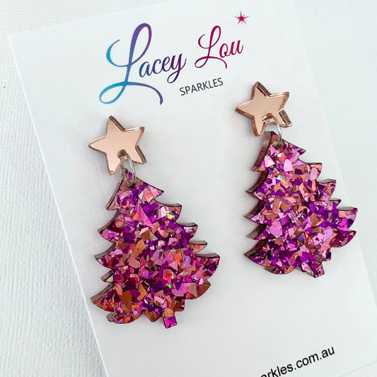 Large Christmas Tree Dangle Earrings - Unicorn Pink Glitter - Lacey Lou Sparkles