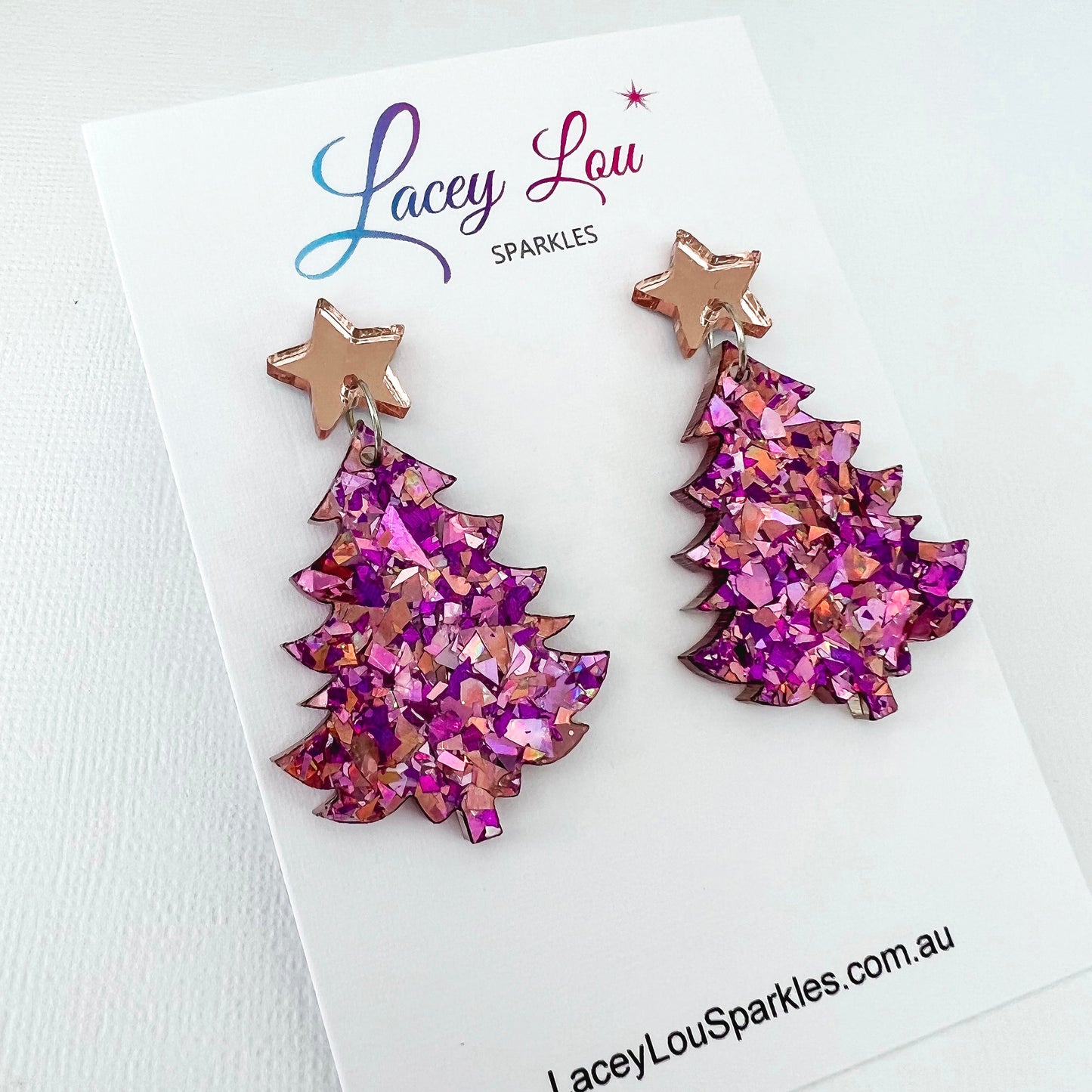 Large Christmas Tree Dangle Earrings - Unicorn Pink Glitter - Lacey Lou Sparkles