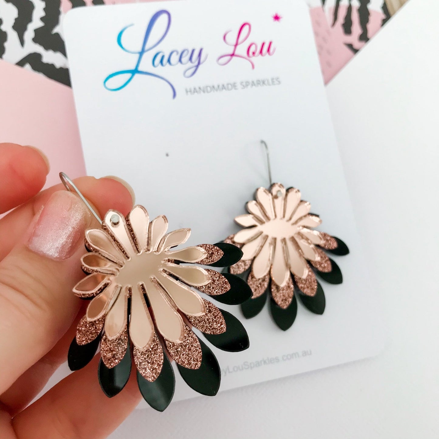 Large Flower Frill Statement Earrings - Black | Bronze | Rose Gold - Lacey Lou Sparkles