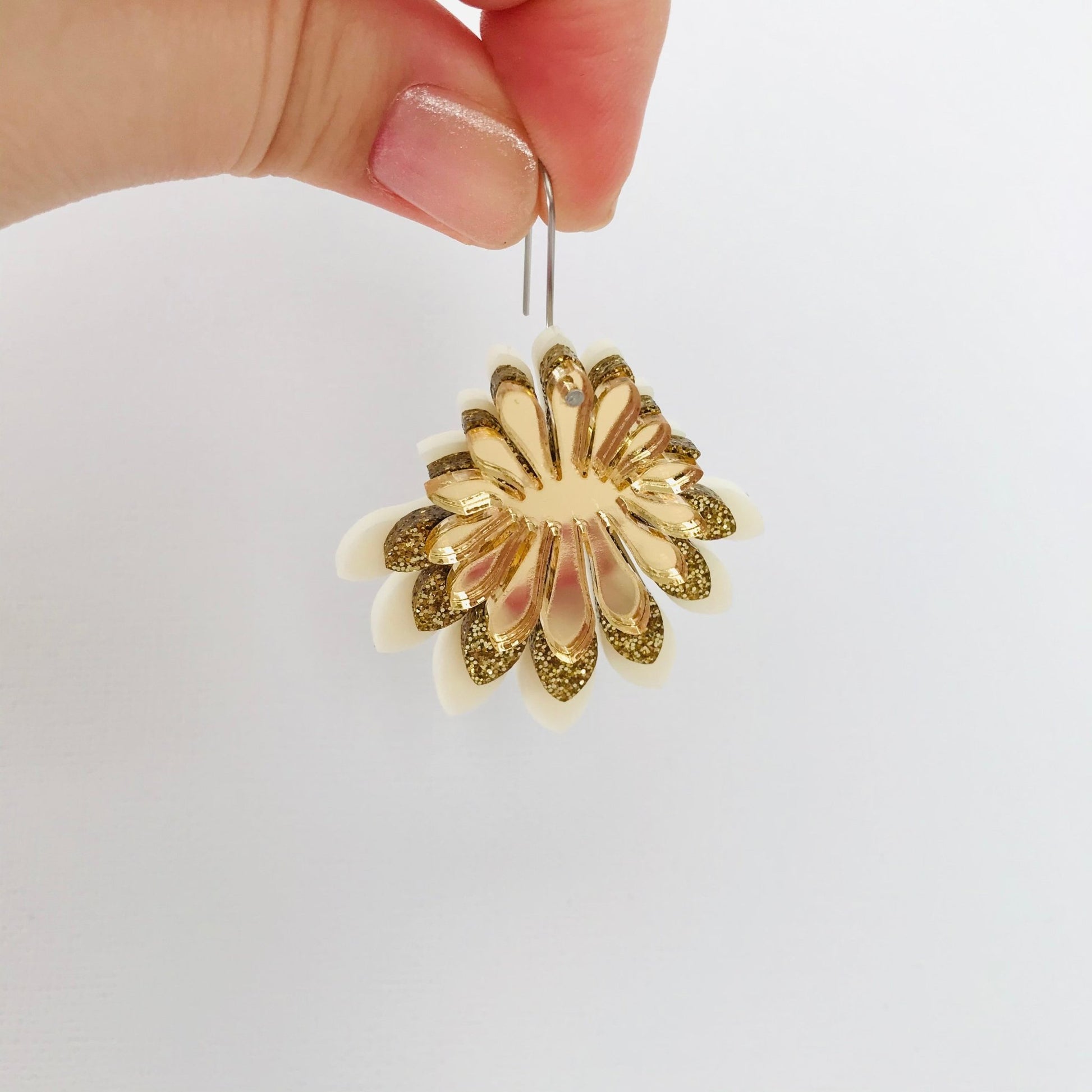 Large Flower Frill Statement Earrings - Ivory and Gold - Lacey Lou Sparkles
