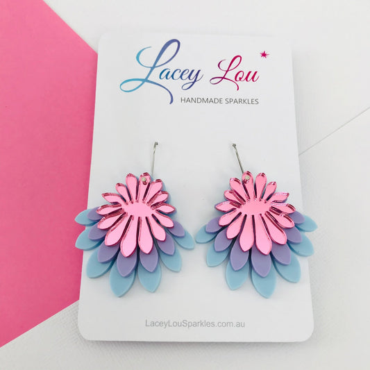 Large Flower Frill Statement Earrings - Pastel Purple and Pink - Lacey Lou Sparkles