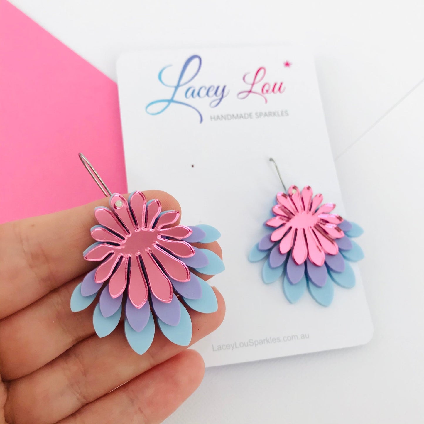 Large Flower Frill Statement Earrings - Pastel Purple and Pink - Lacey Lou Sparkles