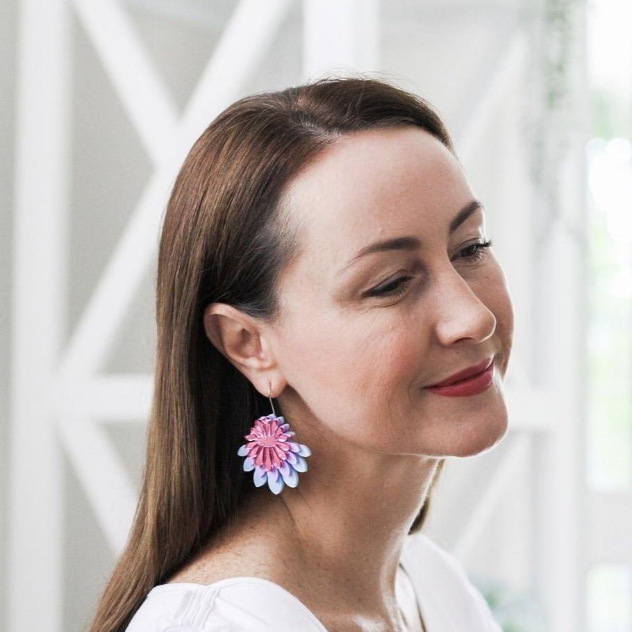 Large Flower Frill Statement Earrings - Pastel Purple and Pink - Lacey Lou Sparkles