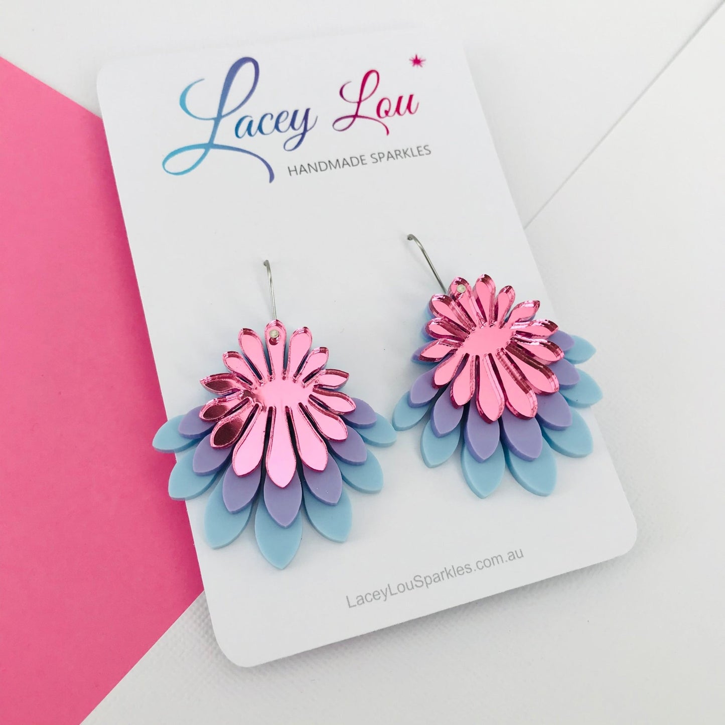 Large Flower Frill Statement Earrings - Pastel Purple and Pink - Lacey Lou Sparkles