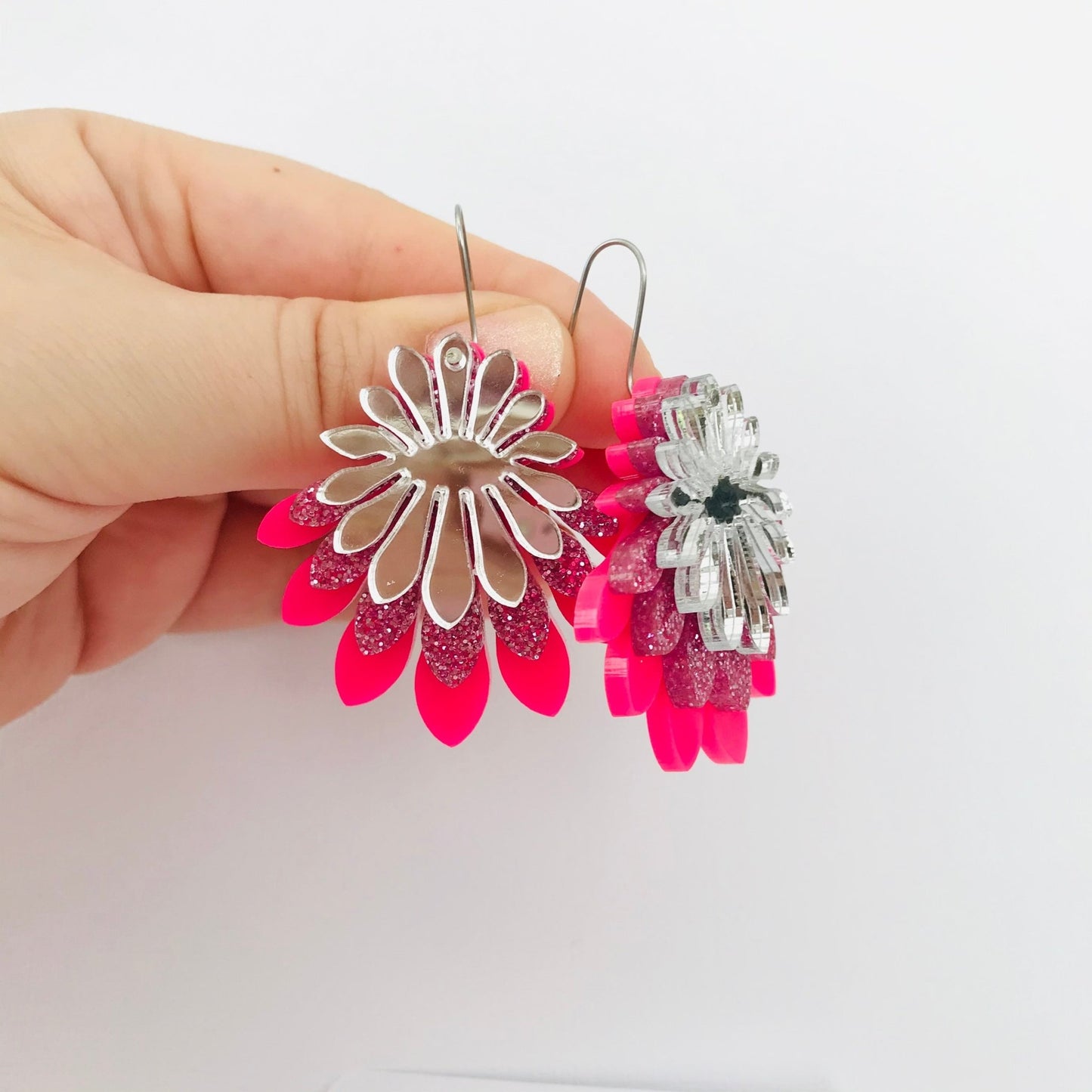 Large Flower Frill Statement Earrings - Pink and Silver - Lacey Lou Sparkles