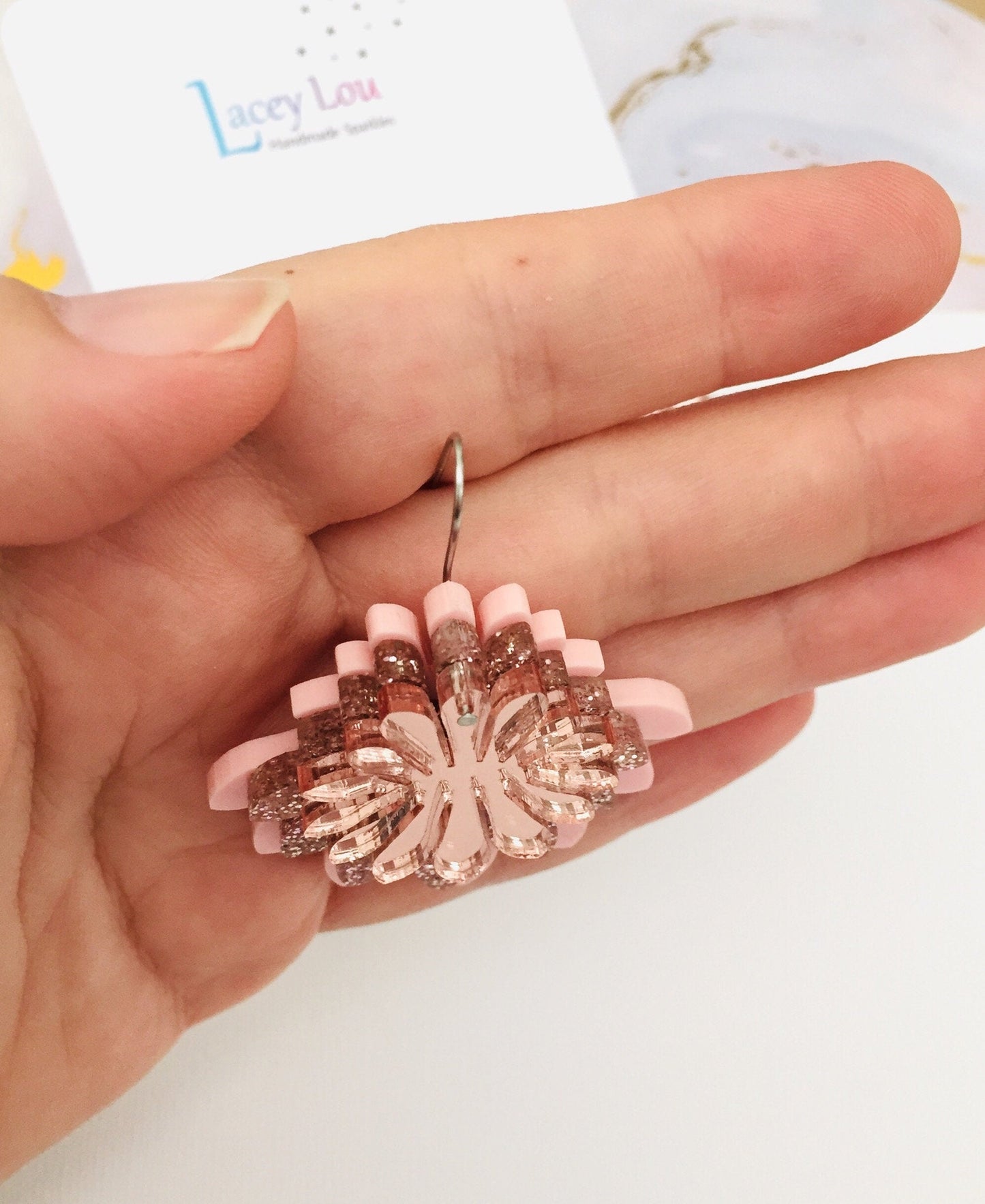 Large Flower Frill Statement Earrings - Rose Gold and Pink - Lacey Lou Sparkles