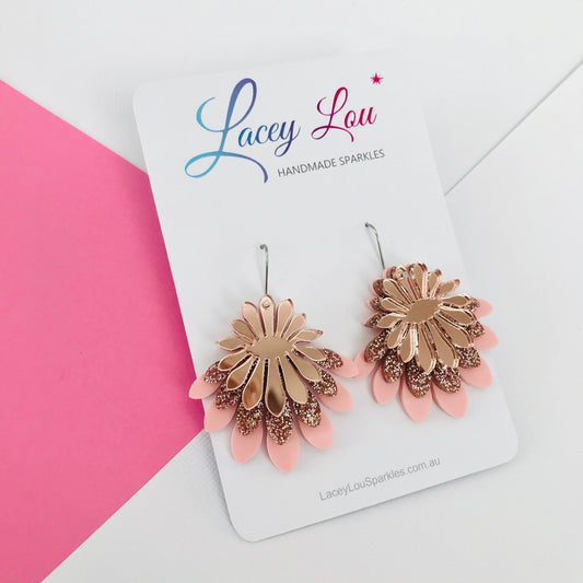 Large Flower Frill Statement Earrings - Rose Gold and Pink - Lacey Lou Sparkles