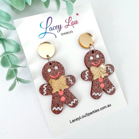 Large Gingerbread Man Christmas Dangle Earrings - Lacey Lou Sparkles